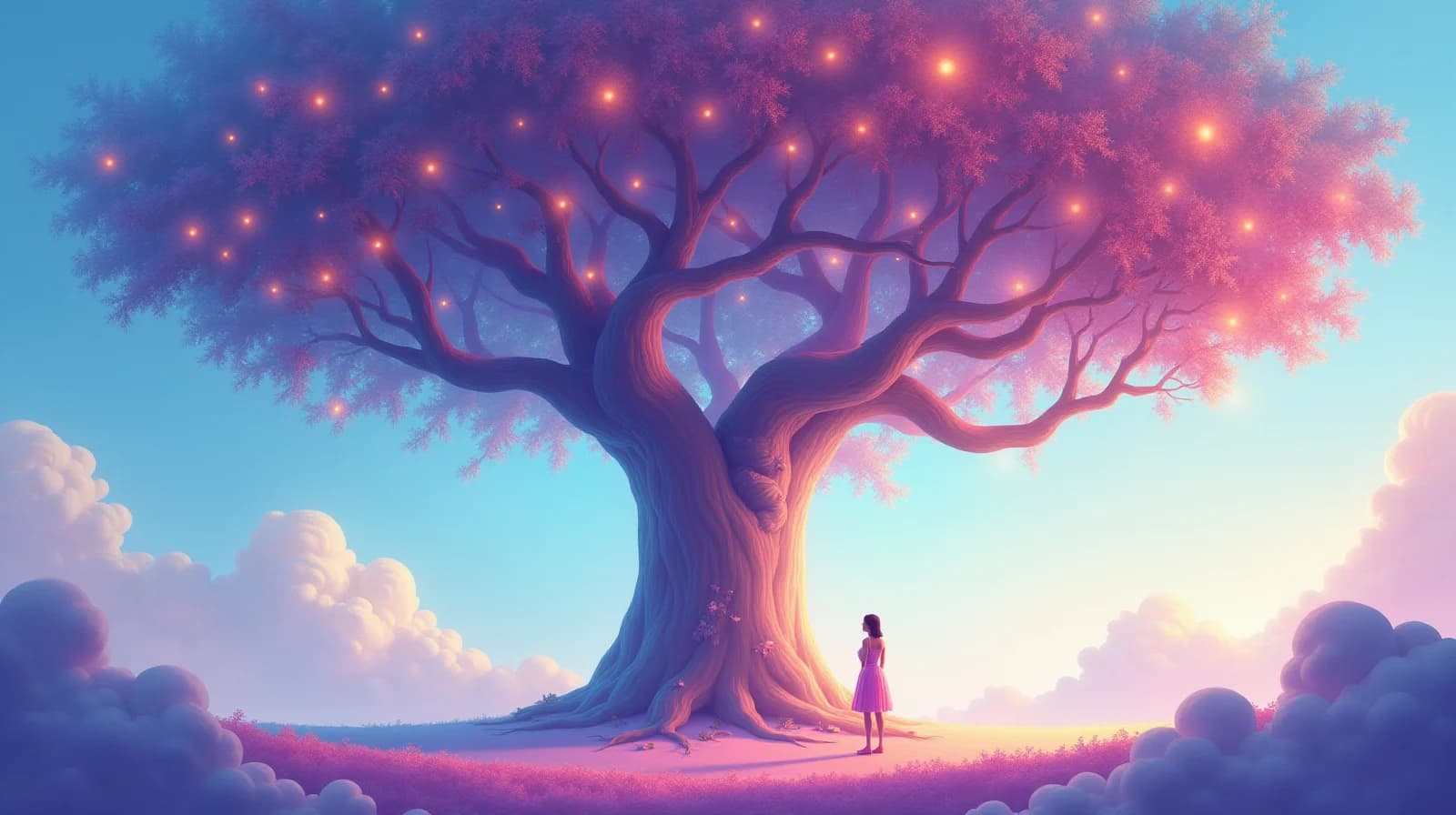 A person standing beneath a luminous tree filled with branching possibilities
